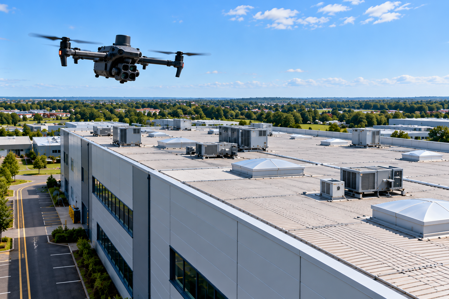 Professional drone carrying out an aerial inspection of a large commercial roof