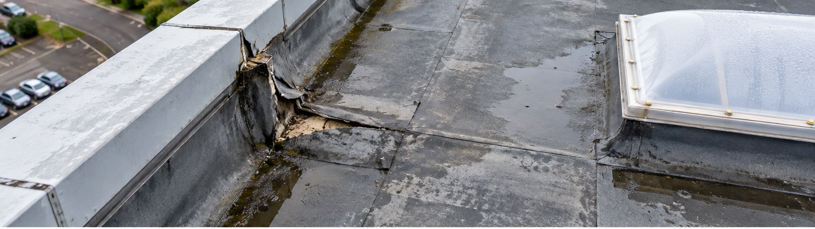 Close visual inspection showing roof membrane damage and ponding water